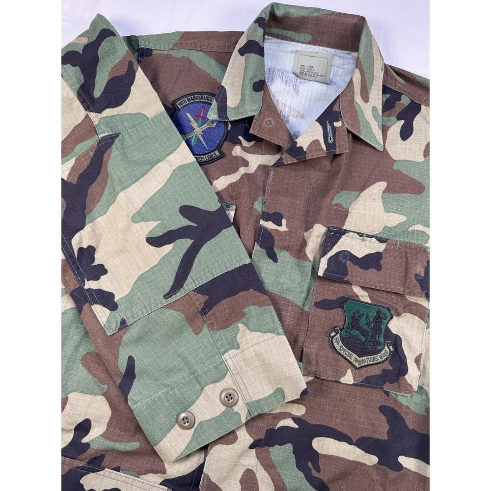 Vtg Woodland BDU Camo  Ripstop Shirt Jacket Sz Small X-Long‎ With USAF Patches